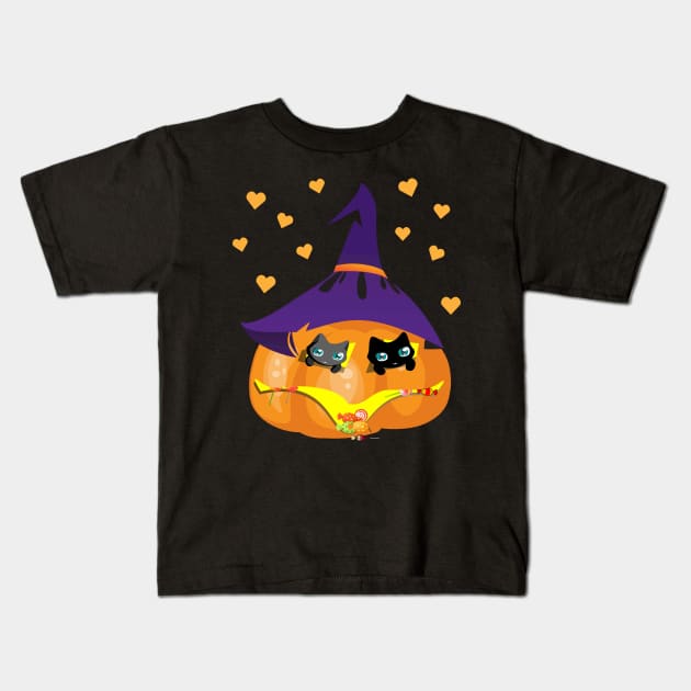 Halloween Black and Gray Cat in a Pumpkin House with Sweets Kids T-Shirt by K0tK0tu